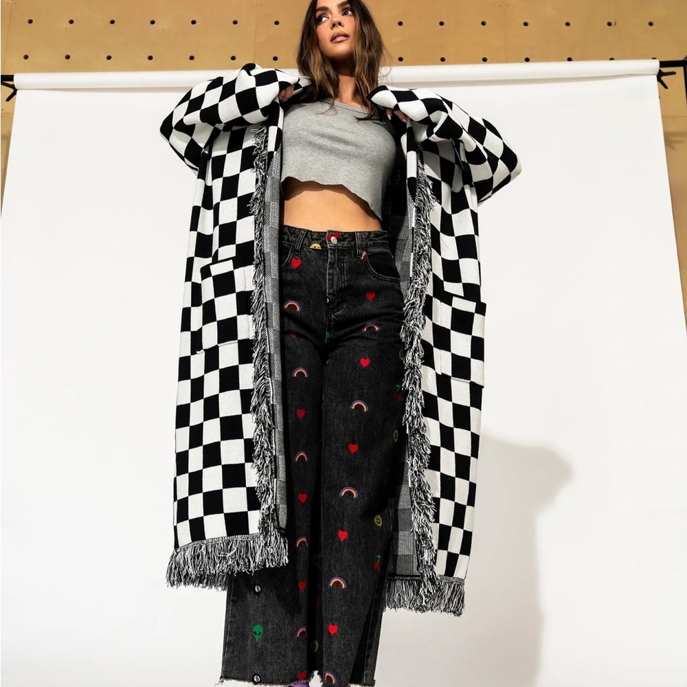 Dressed in LALA Luxe Fringe Blanket Cardigan in Black + White Check 2XL/3XL